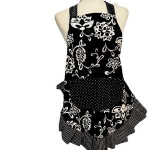 Flirty Ruffly Full Apron Long Sash Tie Black & White Floral Striped Dotted Print